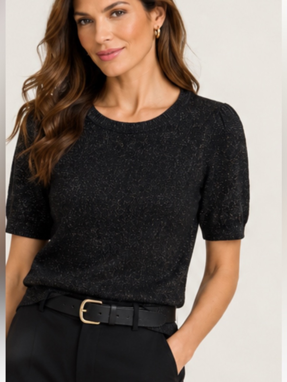 Adrianna Papell Metallic Lurex Knit Crew Neck Short Sleeve Sweater Top NWT XL